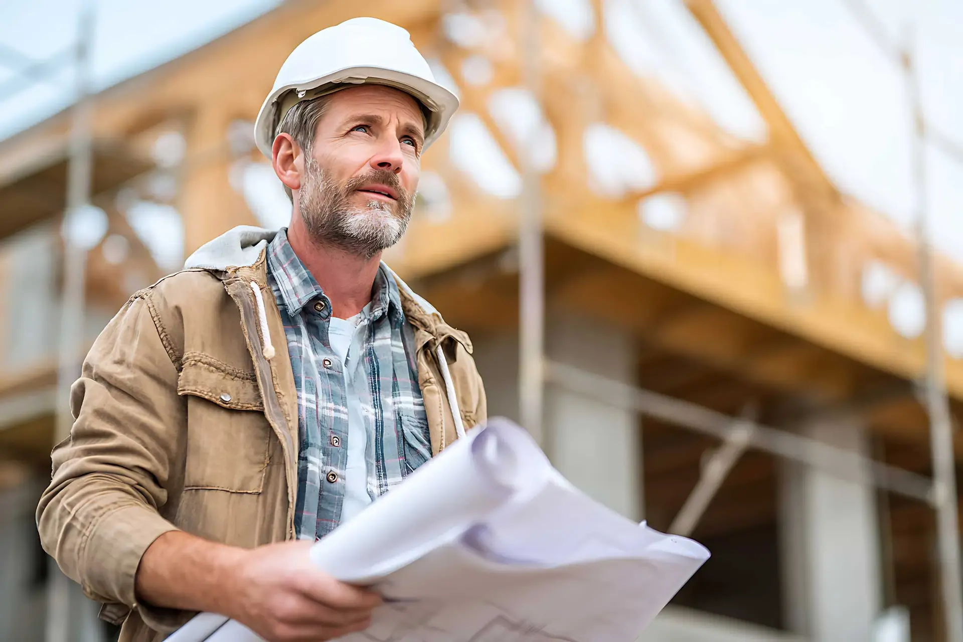 Project manager reviewing plans on job site